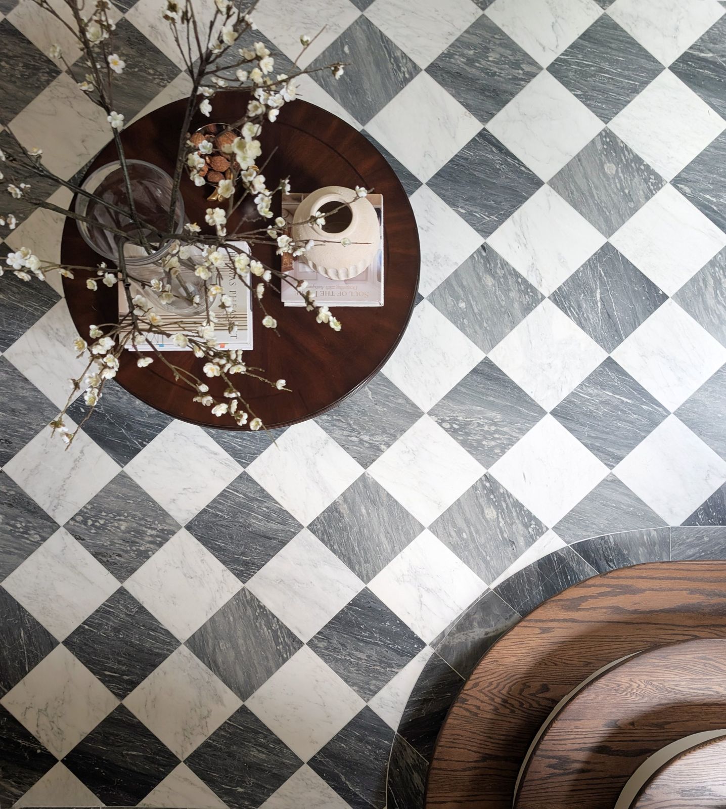 Slate and white marble checkerboard floor